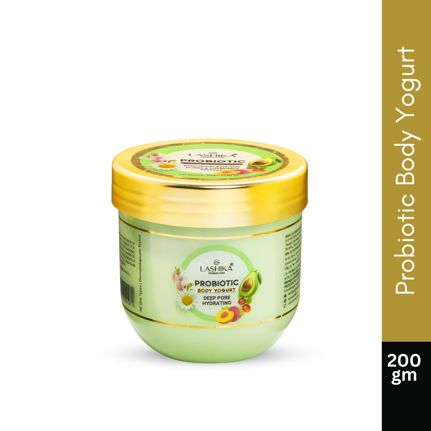 Lashika Probiotic Body Yogurt - Deep Pore Hydrating Cream in a 200 gm golden-lid jar.