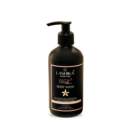 Lashika Neroli Body Wash

This image showcases the Lashika Neroli Body Wash bottle. The body wash is enriched with Vitamin B3, B5, and C, and is designed to brighten, moisturize, and rejuvenate the skin. It is suitable for all hair types and is dermatologically tested.